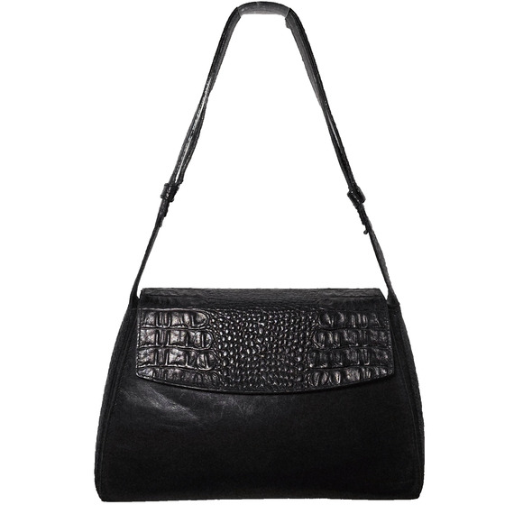 Vintage Brahmin Croc Embossed & Smooth Leather Shoulder Bag Black - Picture 1 of 13